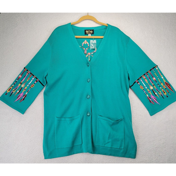 Bob Mackie Cardigan Womens Sweater 1X Green Embroidered Dream Catcher Button XL - Picture 1 of 11